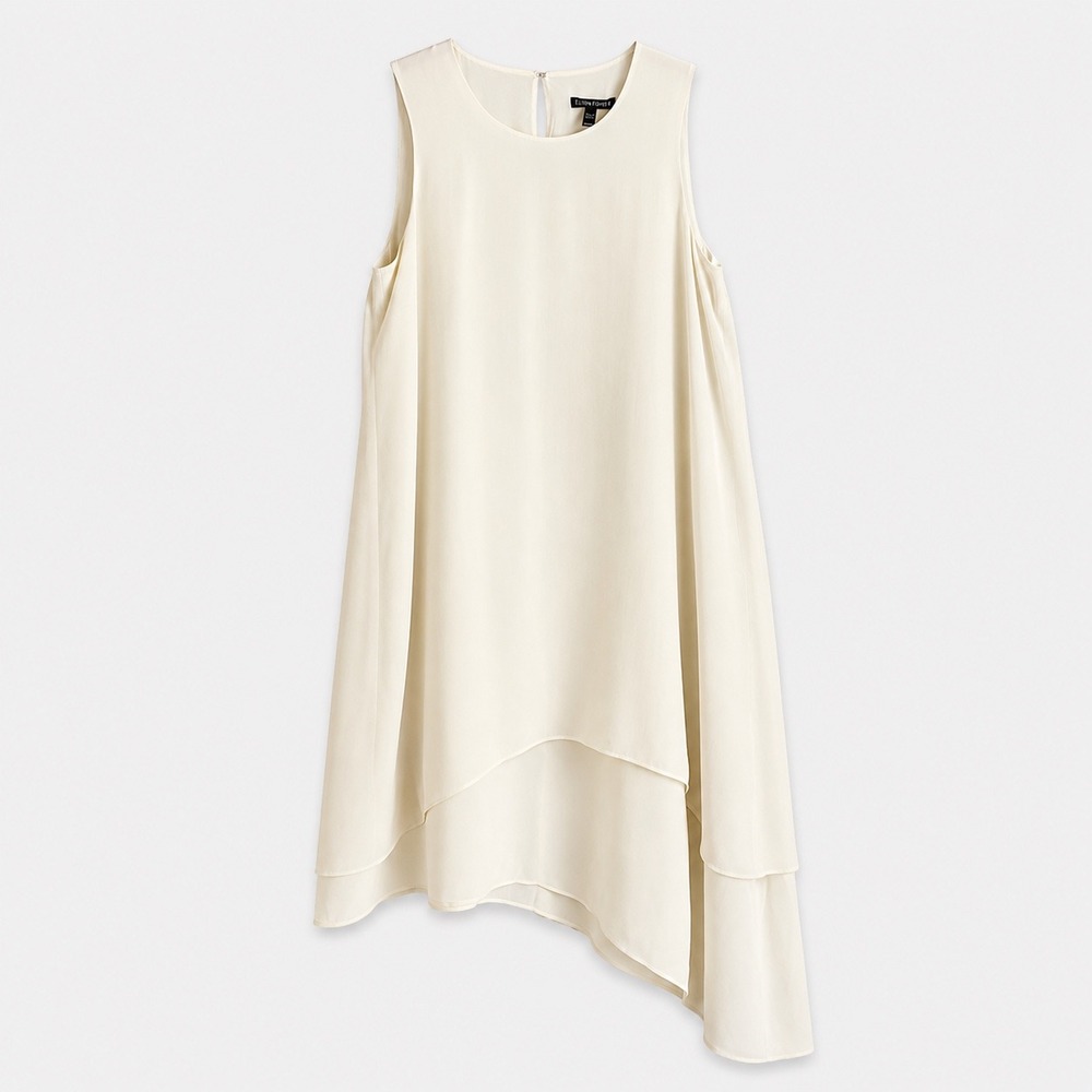Eileen Fisher 100% Silk Asymmetrical Tunic Dress XXS Ivory Sleeveless Minimalist